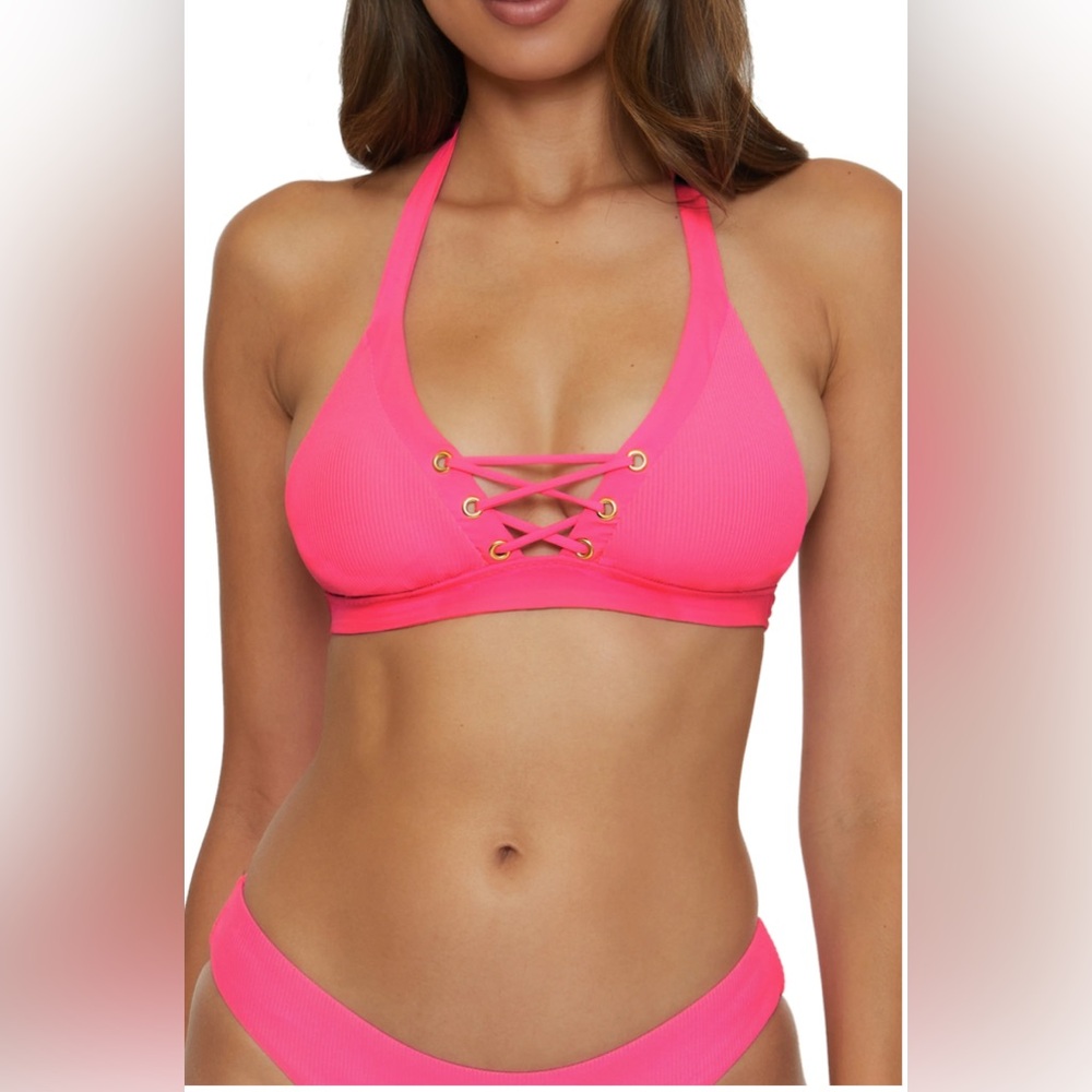 NWT BECCA Size L Hot Pink Lace-Up‎ Bikini Top